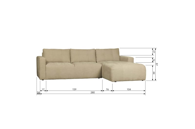 Hippylur 3-Seters Sofa Høyre - Sand - Sofa med sjeselong - 3 seters sofa med divan