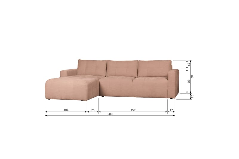 Hippylur 3-Seters Sofa Venstre - Rosa - Sofa med sjeselong - 3 seters sofa med divan