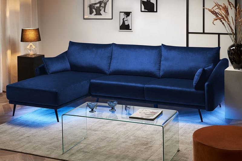 Hjørnesofa med LED-lys Fløyel VARDE - Blå - Møbler - Sofaer - Sofa med sjeselong