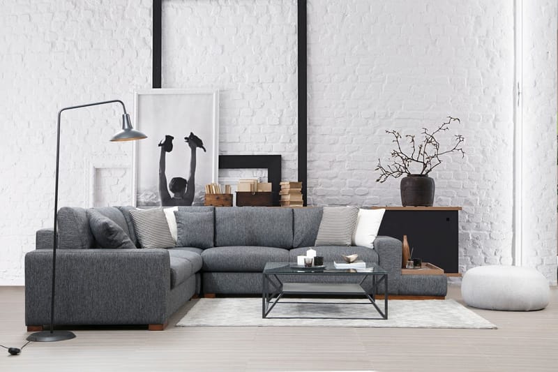 Huelva 5-seter Høyrevendt L-formet Hjørnesofa 323 cm med Sidebord i Stoff - Grå - Møbler - Sofaer - Hjørnesofa