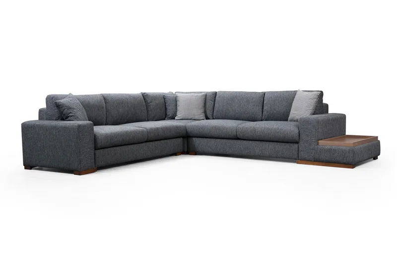 Huelva 5-seter Høyrevendt L-formet Hjørnesofa 323 cm med Sidebord i Stoff - Grå - Møbler - Sofaer - Hjørnesofa