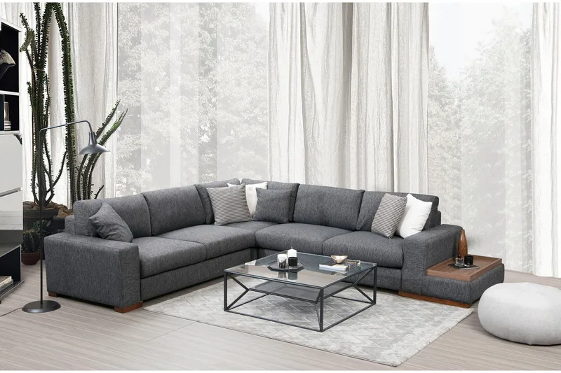 Huelva 5-seter Høyrevendt L-formet Hjørnesofa 323 cm med Sidebord i Stoff - Grå - Møbler - Sofaer - Hjørnesofa