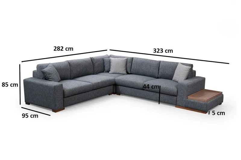 Huelva 5-seter Høyrevendt L-formet Hjørnesofa 323 cm med Sidebord i Stoff - Grå - Møbler - Sofaer - Hjørnesofa