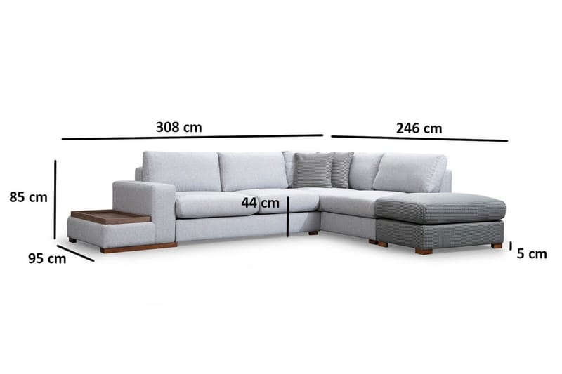 Huelva 5-seter Høyrevendt L-formet Sofa med Sjeselong 308 cm i Stoff - Grå - Møbler - Sofaer - Sofa med sjeselong