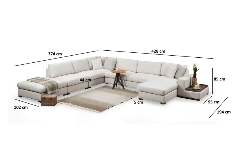 Huelva 6-seter U-formet Hjørnesofa med Divan i Stoff - Kremhvit - Møbler - Sofaer - Hjørnesofa - Hjørnesofa med divan