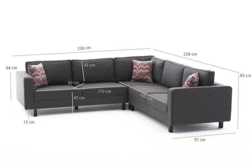 Kaletea Sofa m. Divan 4-seters - Antrasitt - Sofa med sjeselong - 4 seters sofa med divan