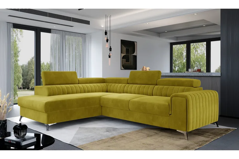 Laurece 4-seter Venstrevendt L-formet Sovesofa 125x210 cm i Plysj, Gul