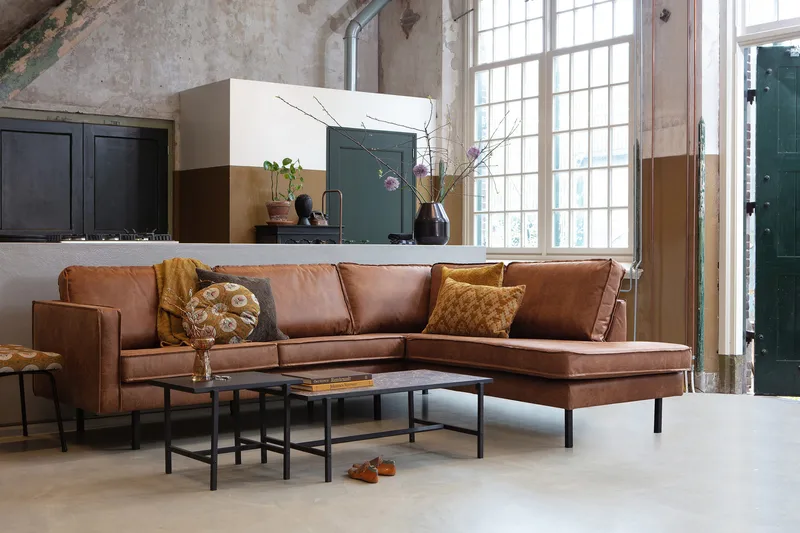Lissbon 3-seter Høyre L-formet Hjørnesofa med Sjeselong 266 cm i Lær - Konjakk - Møbler - Sofaer - Sofa med sjeselong