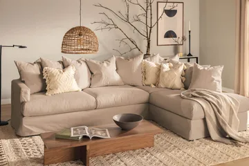 Menard 4-seters Høyrevendt Dyp L-formet Sjeselongsofa i Stoff - Beige - Møbler - Sofaer - Sofa med sjeselong