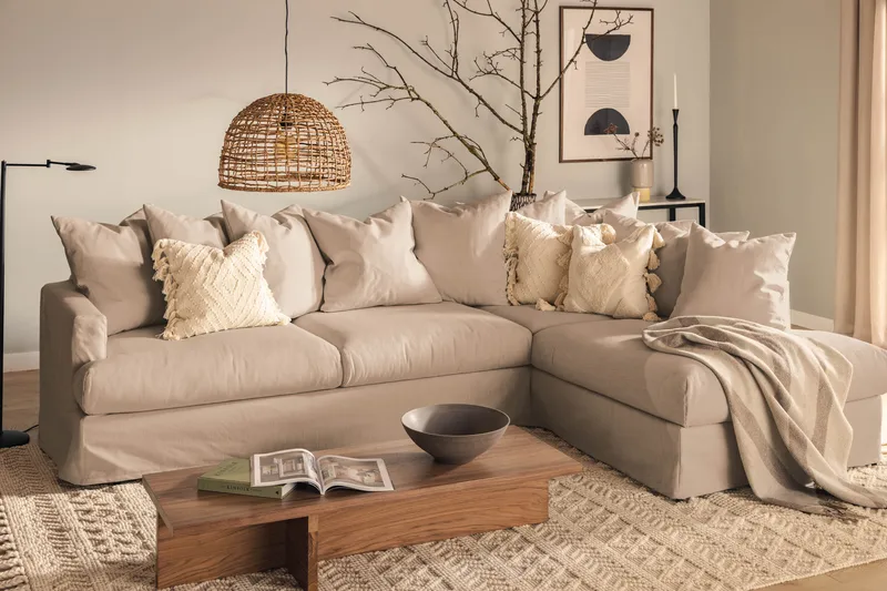 Menard 4-seters Høyrevendt Dyp L-formet Sjeselongsofa i Stoff - Beige - Møbler - Sofaer - Sofa med sjeselong