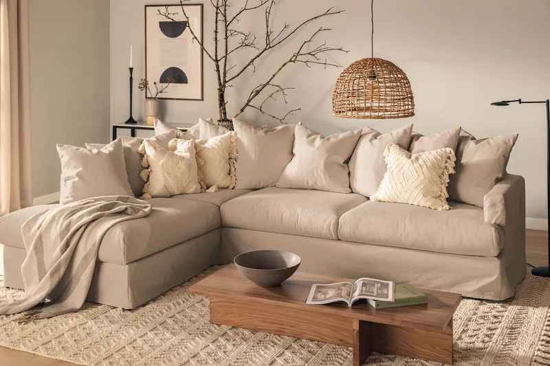 Menard 4-seters Venstrevendt Dyp L-formet Sjeselongsofa i Stoff - Beige - Møbler - Sofaer - Sofa med sjeselong