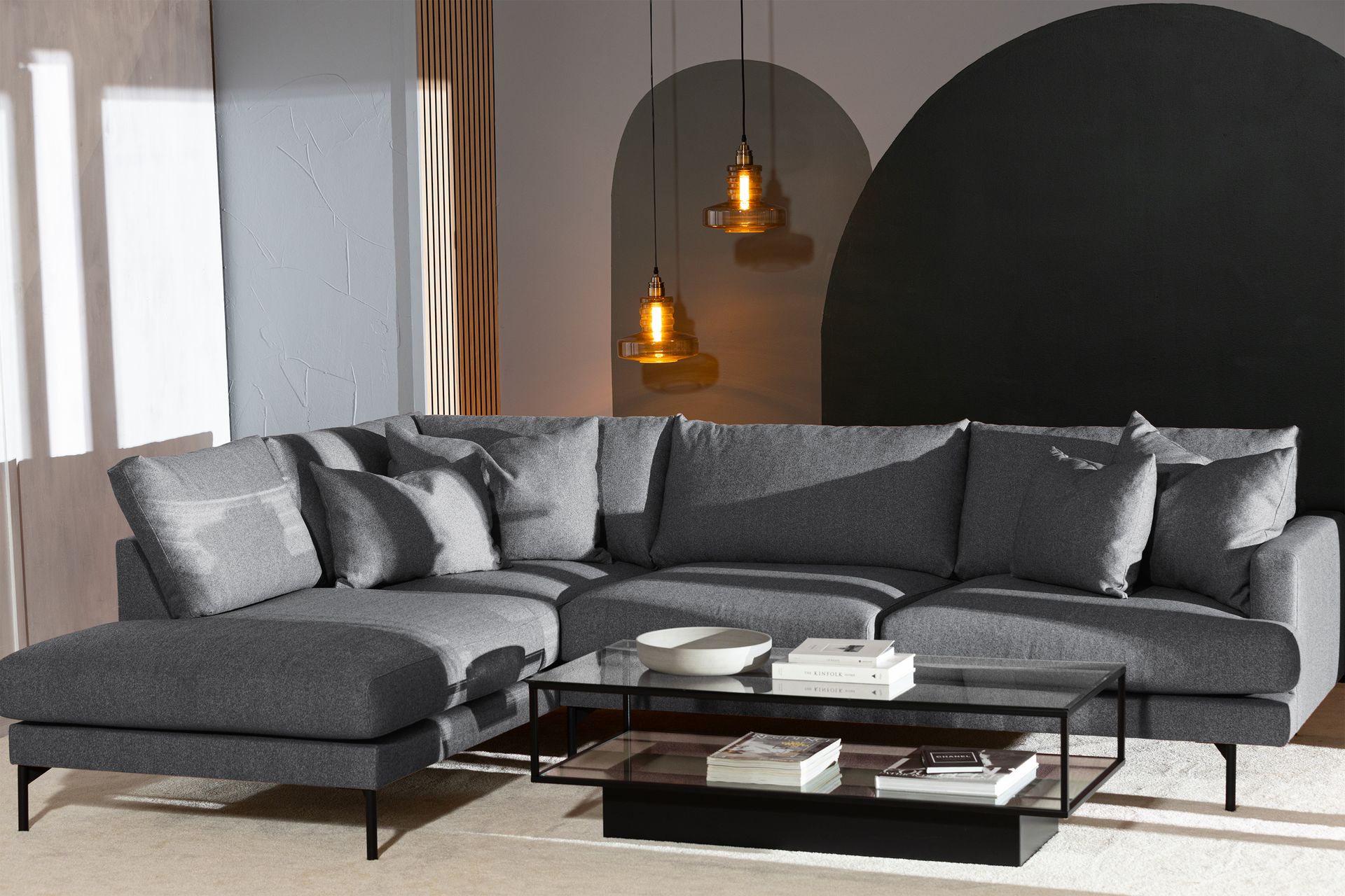 Menard 4-seters Venstrevendt Dyp L-formet Sjeselongsofa i Stoff - Mørk grå - Møbler - Sofaer - Sofa med sjeselong