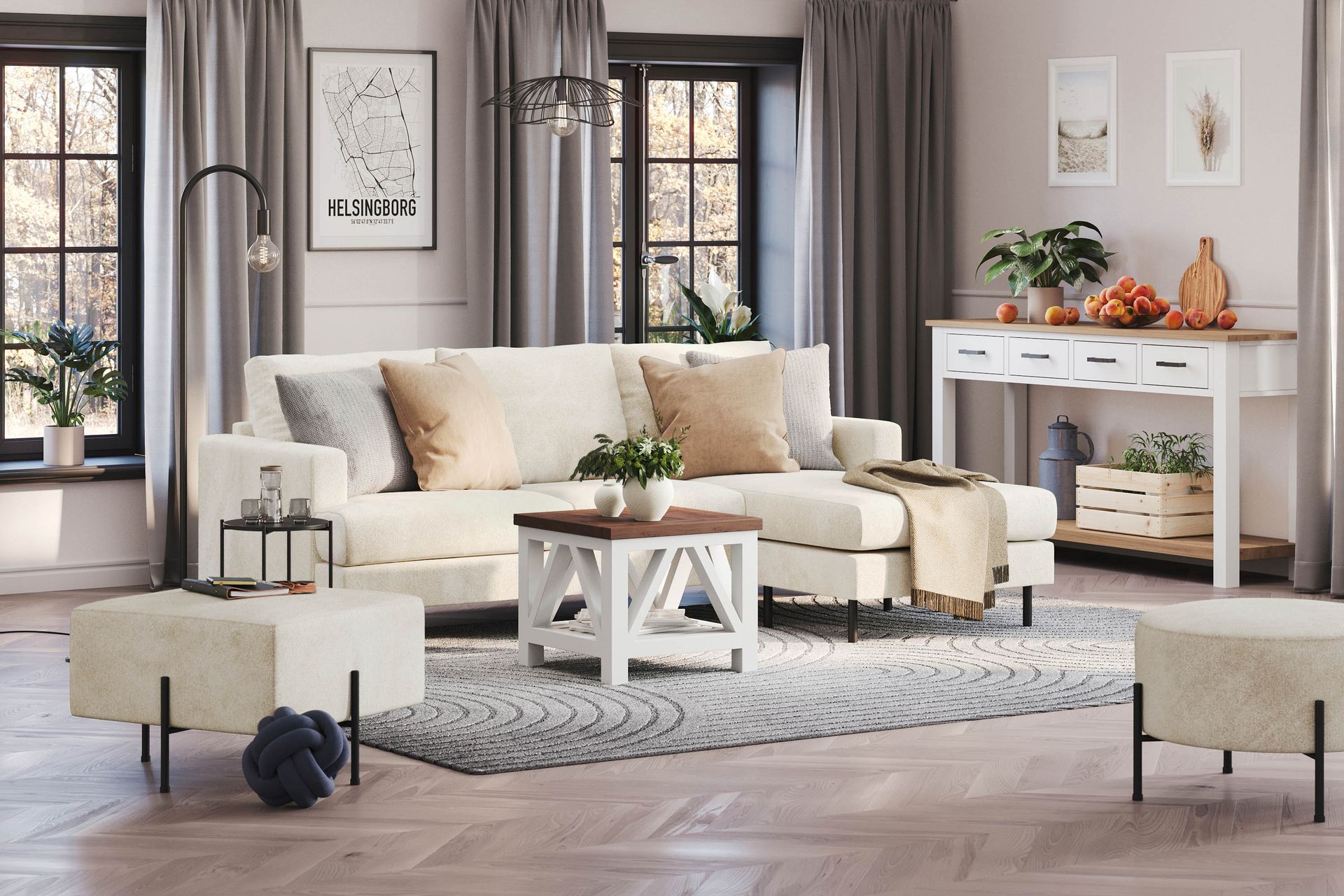 Menard Compact 3-seters Høyrevendt L-formet Divansofa i Fløyel - Kremhvit - Møbler - Sofaer - Sofa med sjeselong