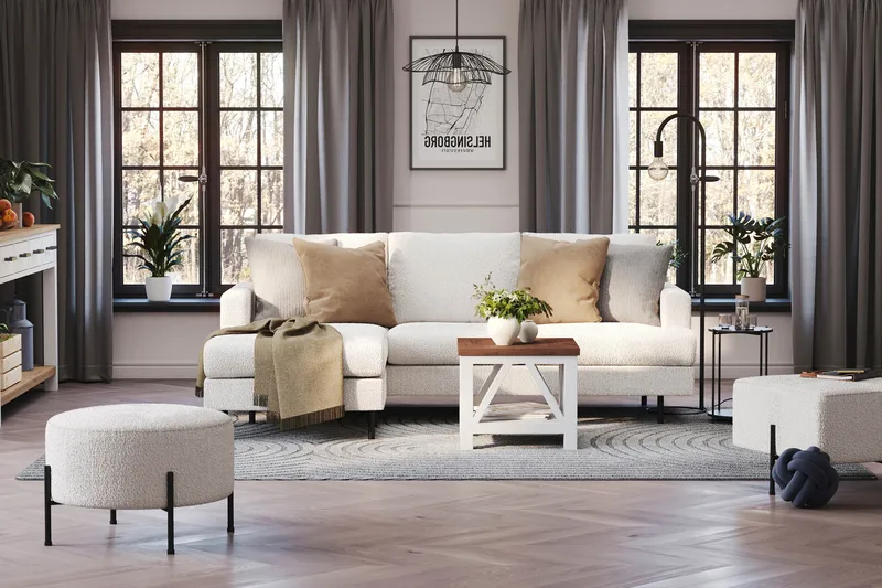 Menard Compact 3-seters Venstrevendt L-formet Divansofa i Bouclé - Hvit - Møbler - Sofaer - Sofa med sjeselong