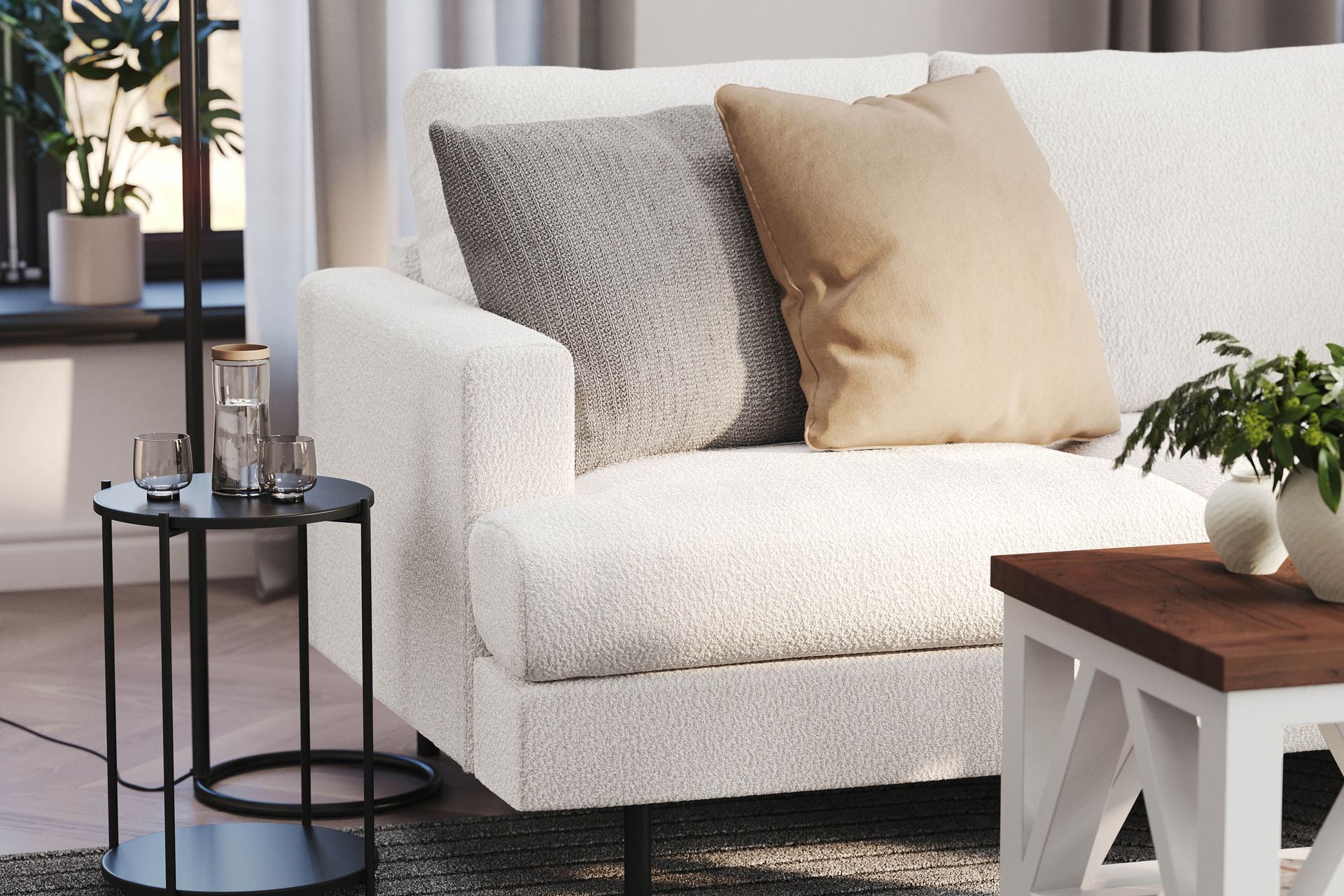 Menard Compact 4-seters Høyrevendt L-formet Sjeselongsofa i Bouclé - Hvit - Møbler - Sofaer - Sofa med sjeselong