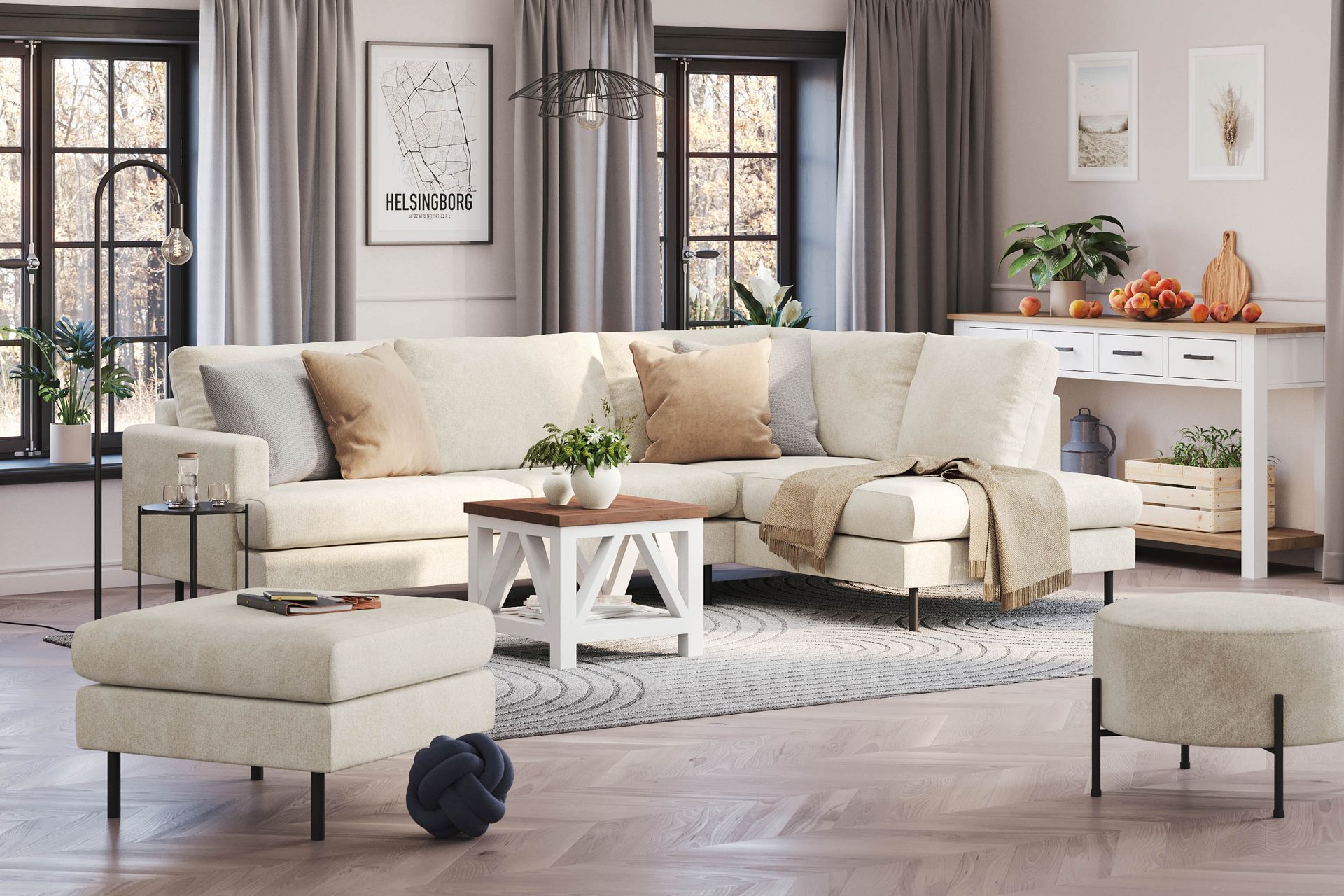 Menard Compact 4-seters Høyrevendt L-formet Sjeselongsofa i Fløyel - Kremhvit - Møbler - Sofaer - Sofa med sjeselong