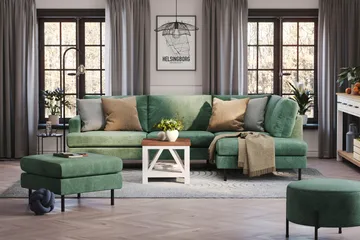 Menard Compact 4-seters Høyrevendt L-formet Sjeselongsofa i Fløyel - Mørk grønn - Møbler - Sofaer - Sofa med sjeselong