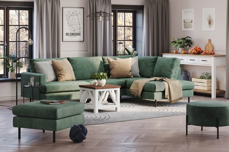 Menard Compact 4-seters Høyrevendt L-formet Sjeselongsofa i Fløyel - Mørk grønn - Møbler - Sofaer - Sofa med sjeselong