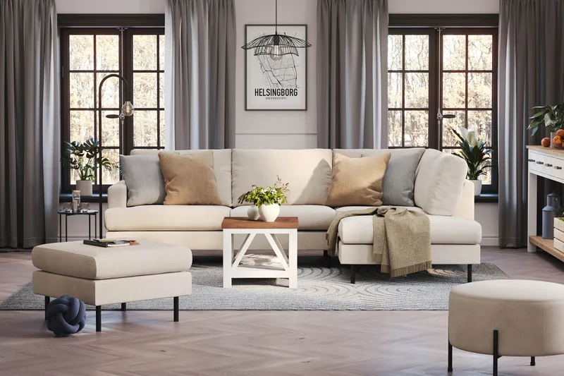 Menard Compact 4-seters Høyrevendt L-formet Sjeselongsofa i Manchester - Beige - Møbler - Sofaer - Sofa med sjeselong
