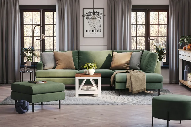 Menard Compact 4-seters Høyrevendt L-formet Sjeselongsofa i Manchester - Grønn - Møbler - Sofaer - Sofa med sjeselong