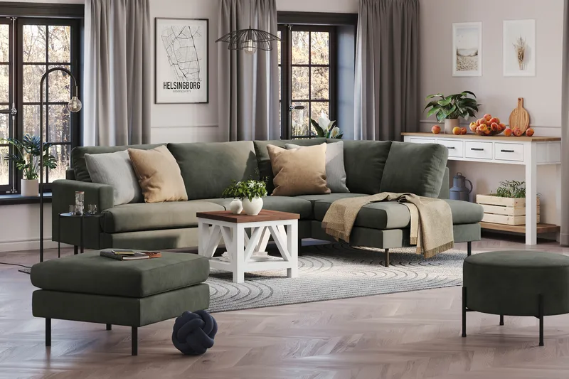 Menard Compact 4-seters Høyrevendt L-formet Sjeselongsofa i Manchester - Mørk grønn - Møbler - Sofaer - Sofa med sjeselong