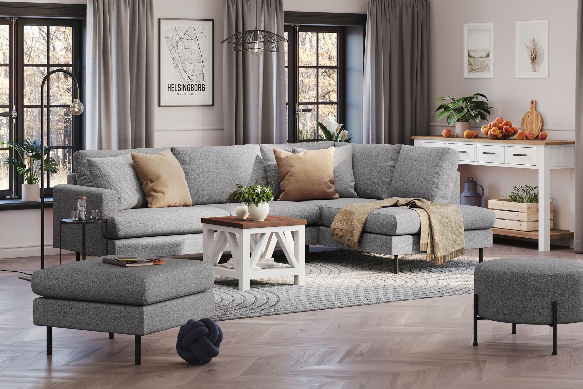 Menard Compact 4-seters Høyrevendt L-formet Sjeselongsofa i Stoff - Grå - Møbler - Sofaer - Sofa med sjeselong