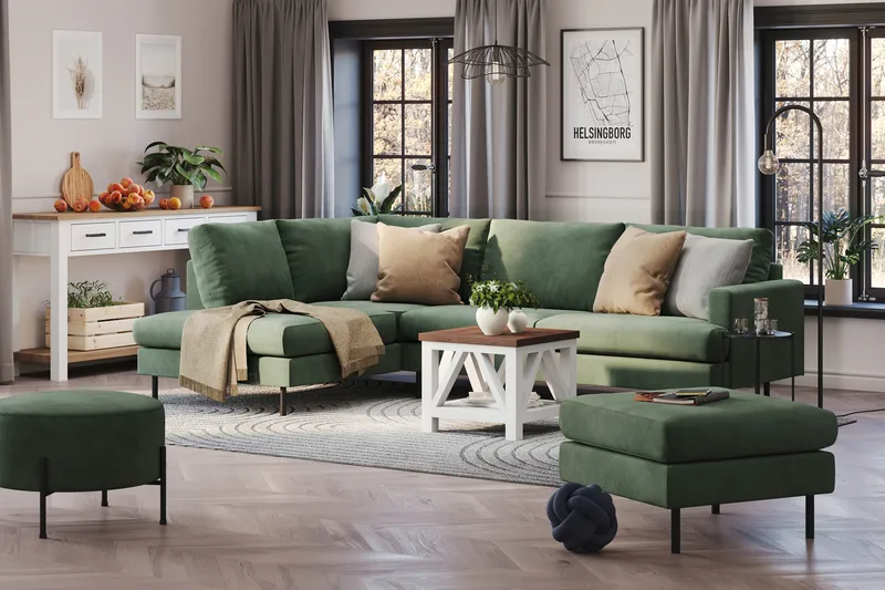 Menard Compact 4-seters Venstrevendt L-formet Sjeselongsofa i Manchester - Grønn - Møbler - Sofaer - Sofa med sjeselong