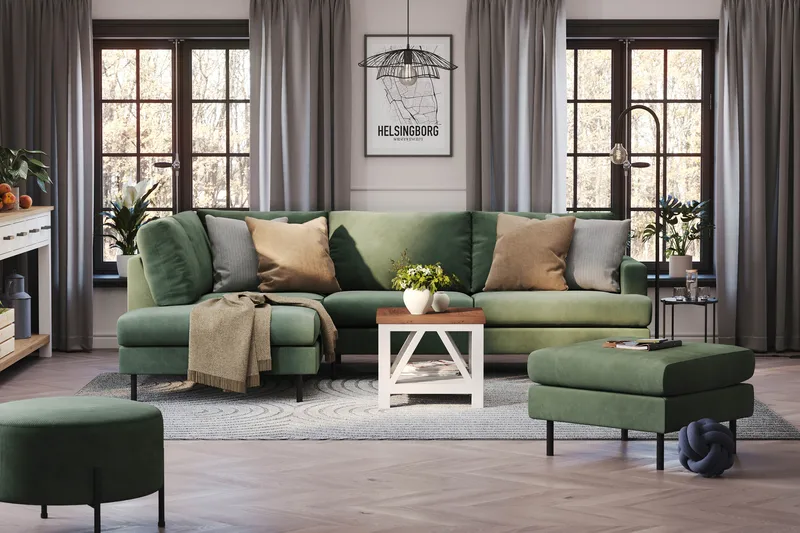 Menard Compact 4-seters Venstrevendt L-formet Sjeselongsofa i Manchester - Grønn - Møbler - Sofaer - Sofa med sjeselong