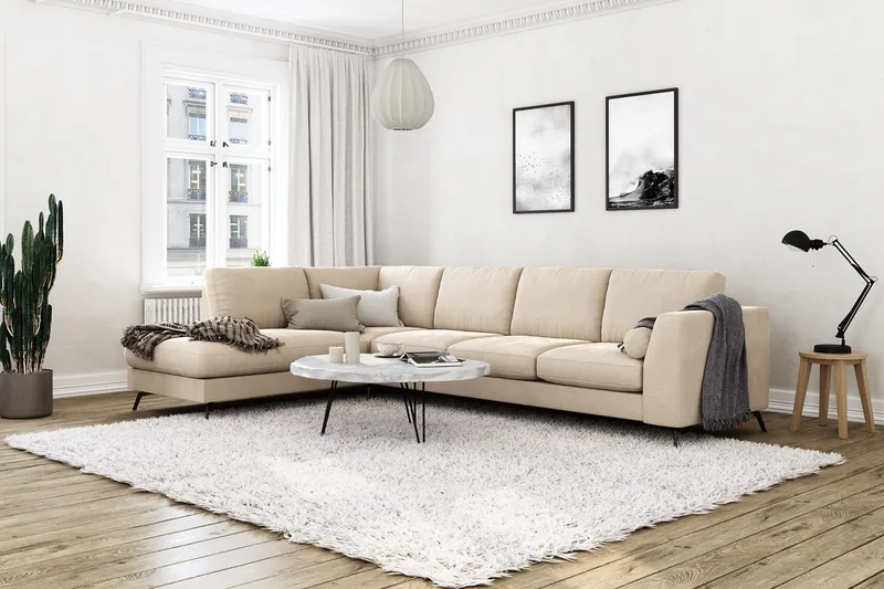 Ocean Lyx 4-seter Venstrevendt L-formet Sjeselongsofa i Fløyel - Beige - Møbler - Sofaer - Sofa med sjeselong - 4 seters sofa med divan