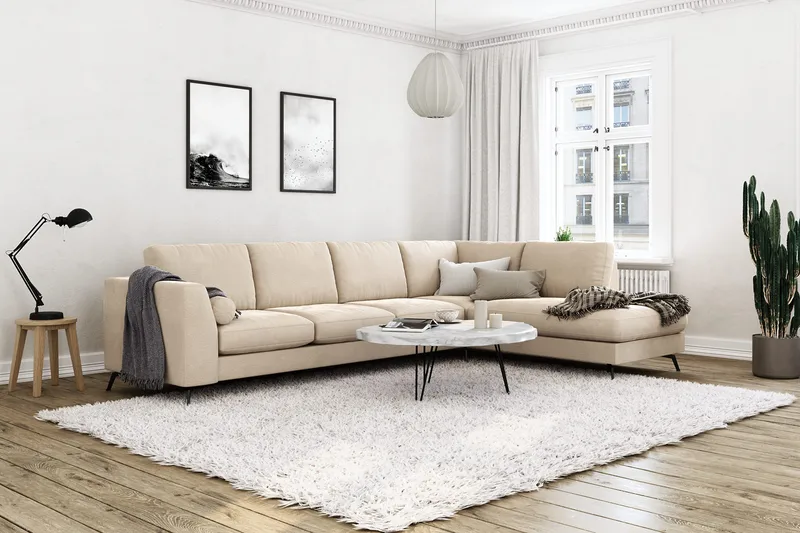 Ocean Lyx 4-seters Høyrevendt L-formet Sjeselongsofa i Fløyel - Beige - Møbler - Sofaer - Sofa med sjeselong - 4 seters sofa med divan