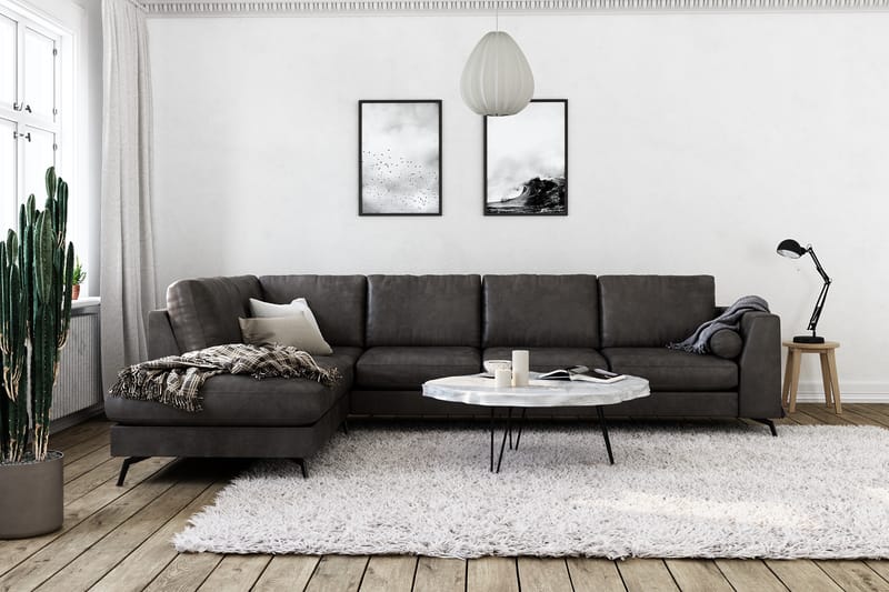 Ocean Lyx 4-seters Sofa med Sjeselong Venstre - Svart/Lær - Sofa med sjeselong