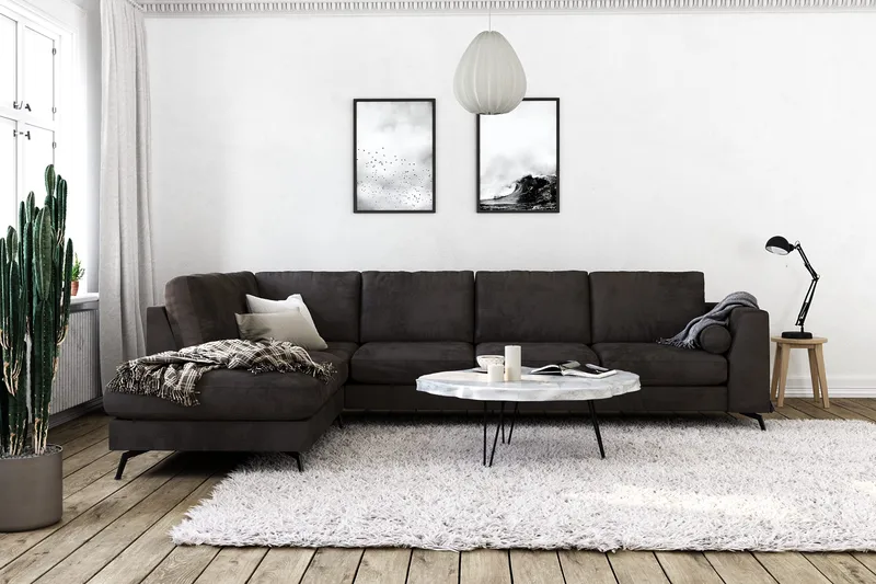 Ocean Lyx 4-seters Venstrevendt L-formet Sjeselongsofa i Fløyel - Mørk grå - Møbler - Sofaer - Sofa med sjeselong - 4 seters sofa med divan