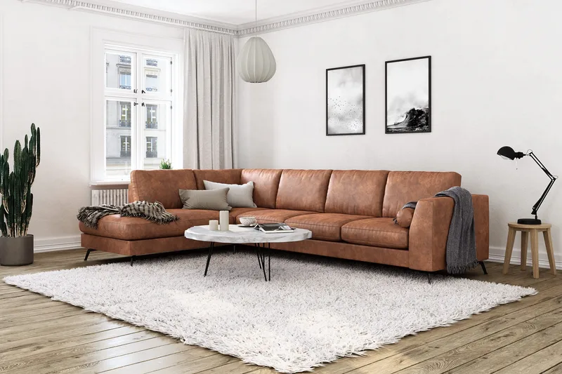 Ocean Lyx 4-seters Venstrevendt L-formet Sjeselongsofa i Kunstlær - Brun - Møbler - Sofaer - Sofa med sjeselong - 4 seters sofa med divan