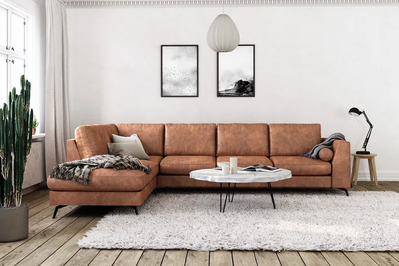 Ocean Lyx 4-seters Venstrevendt L-formet Sjeselongsofa i Kunstlær - Brun - Møbler - Sofaer - Sofa med sjeselong - 4 seters sofa med divan