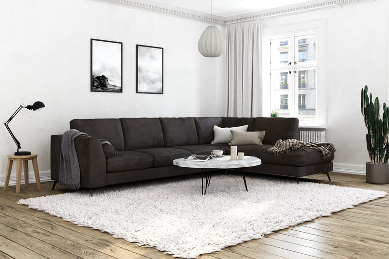 Ocean Lyx 5-seters Høyrevendt L-formet Sjeselongsofa i Fløyel - Mørk grå - Møbler - Sofaer - Sofa med sjeselong