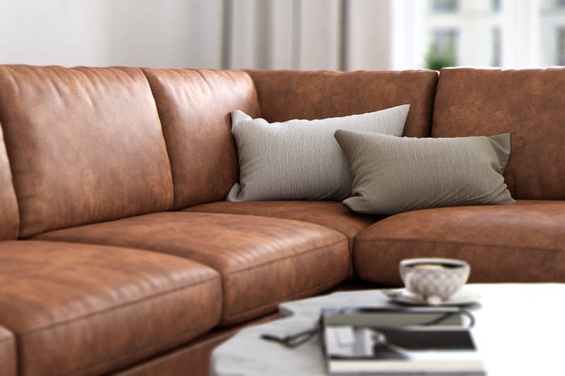 Ocean Lyx 5-seters Høyrevendt L-formet Sjeselongsofa i Kunstlær - Brun - Møbler - Sofaer - Sofa med sjeselong - 4 seters sofa med divan