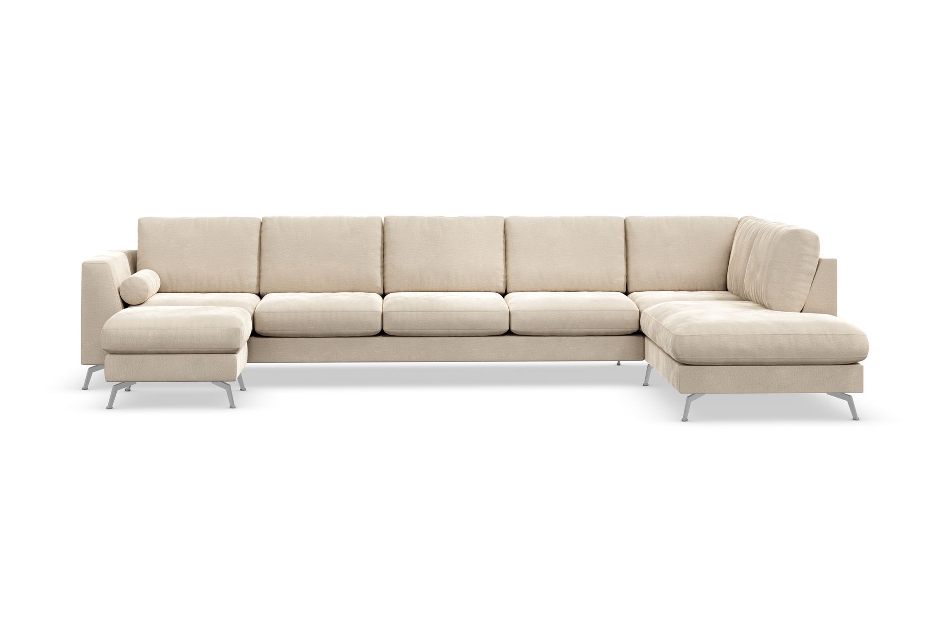 Ocean Lyx 6-seters Høyrevendt U-formet Sofa med Divan og Sjeselong + Fotskammel i Fløyel - Beige - Møbler - Sofaer - Sofa med sjeselong