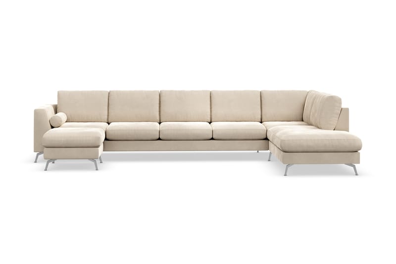 Ocean Lyx 6-seters Høyrevendt U-formet Sofa med Divan og Sjeselong + Fotskammel i Fløyel - Beige - Møbler - Sofaer - Sofa med sjeselong