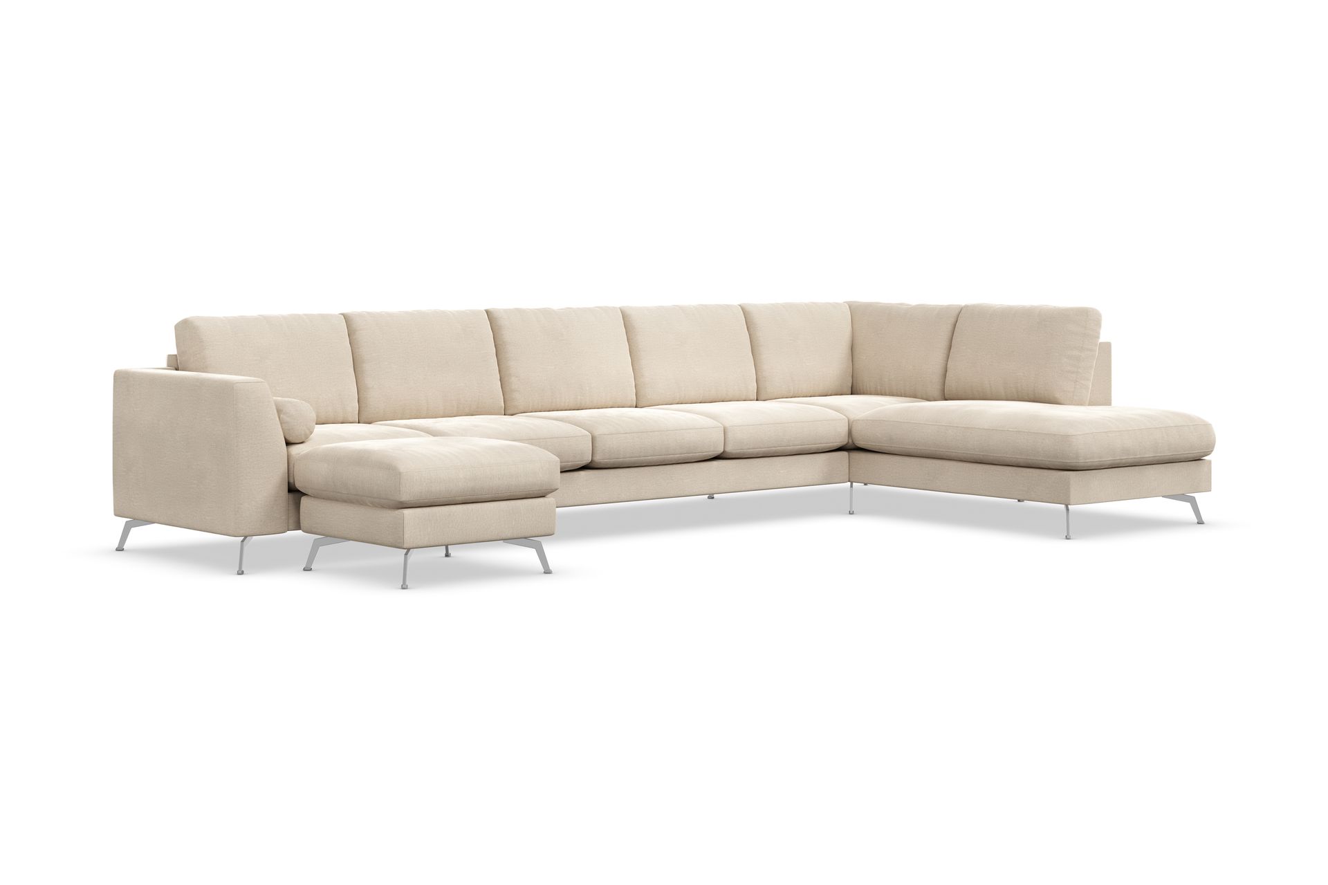 Ocean Lyx 6-seters Høyrevendt U-formet Sofa med Divan og Sjeselong + Fotskammel i Fløyel - Beige - Møbler - Sofaer - Sofa med sjeselong