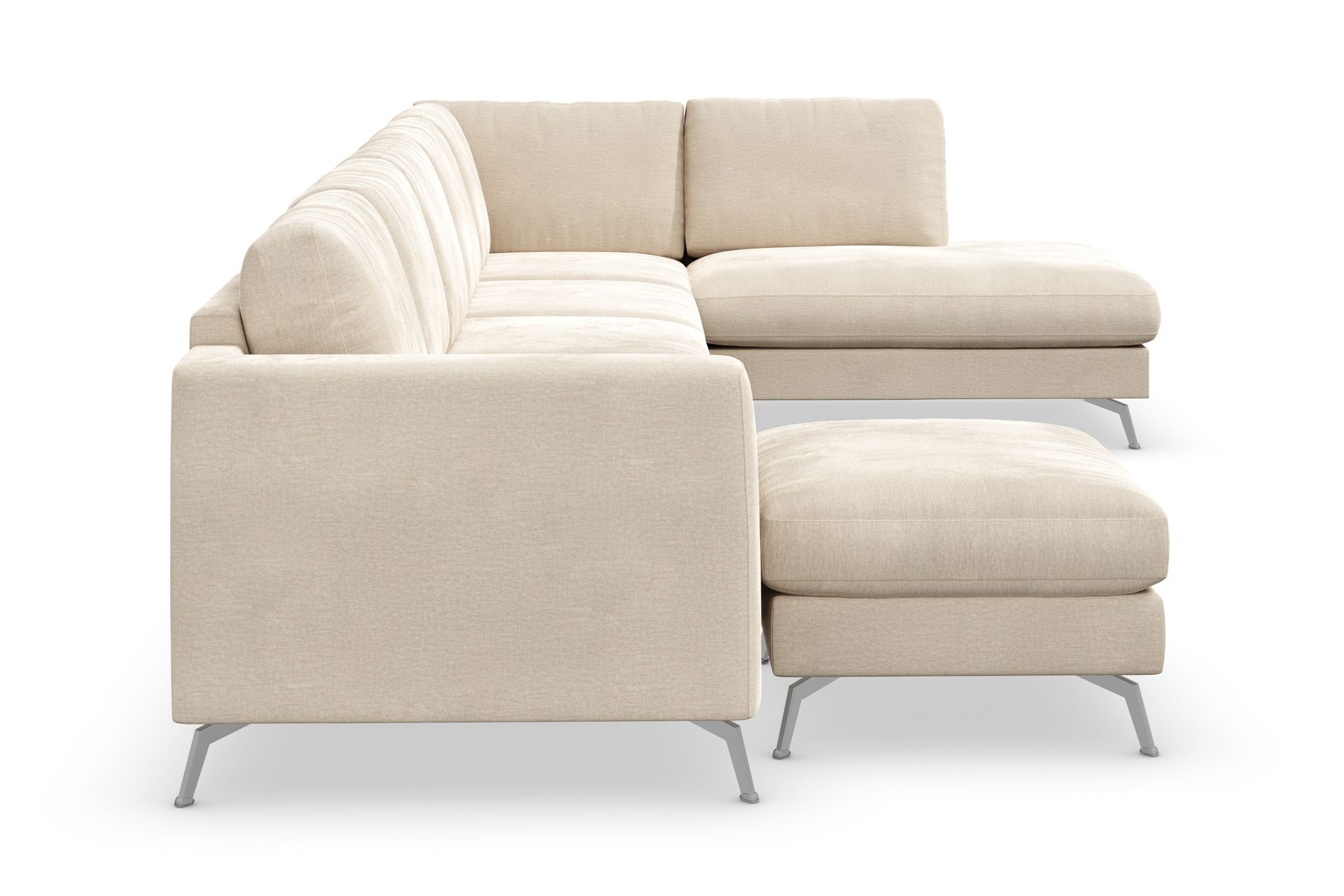 Ocean Lyx 6-seters Høyrevendt U-formet Sofa med Divan og Sjeselong + Fotskammel i Fløyel - Beige - Møbler - Sofaer - Sofa med sjeselong