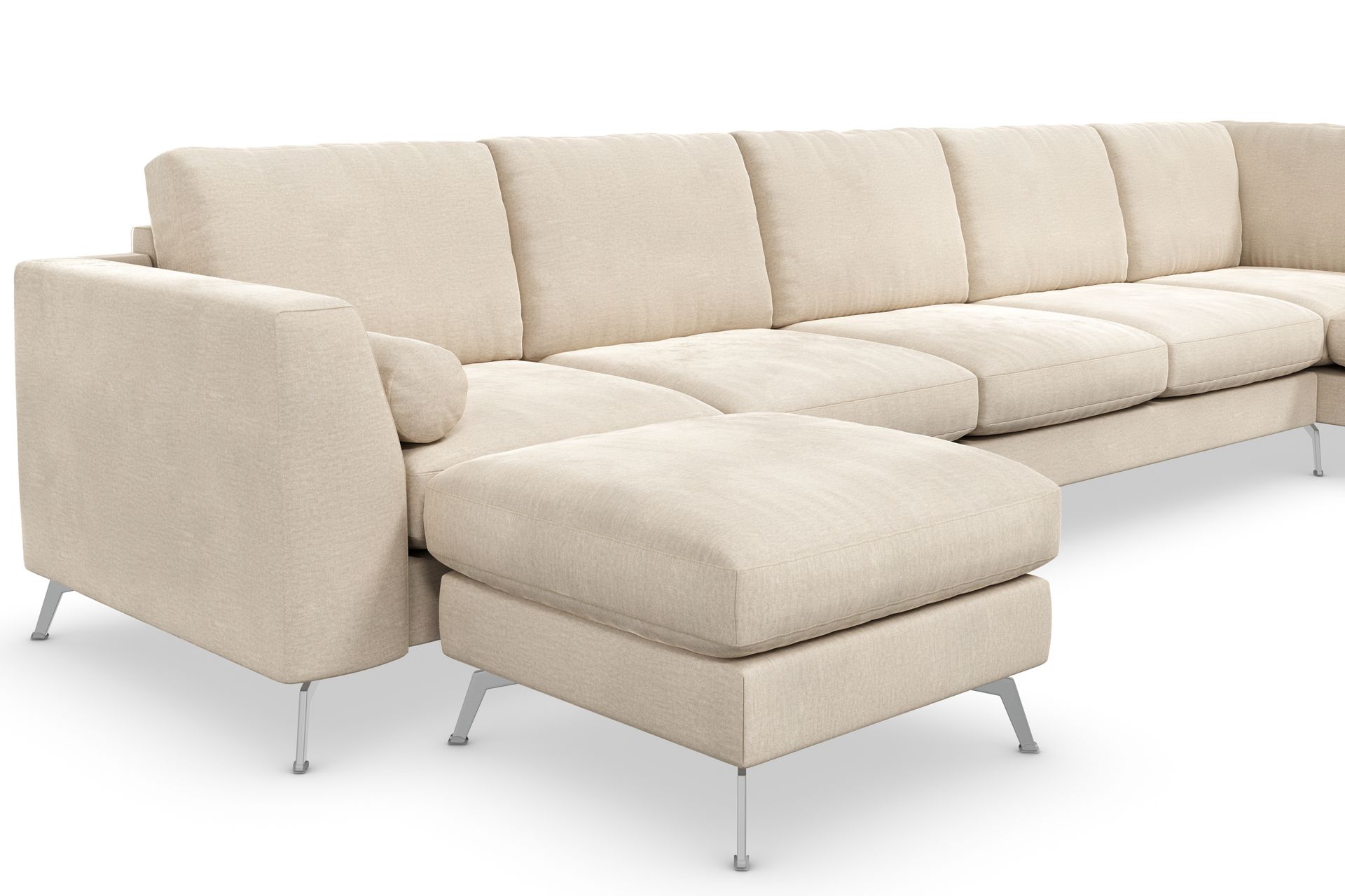 Ocean Lyx 6-seters Høyrevendt U-formet Sofa med Divan og Sjeselong + Fotskammel i Fløyel - Beige - Møbler - Sofaer - Sofa med sjeselong