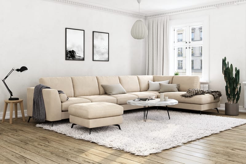 Ocean Lyx 6-seters Høyrevendt U-formet Sofa med Divan og Sjeselong + Fotskammel i Fløyel - Beige - Møbler - Sofaer - Sofa med sjeselong