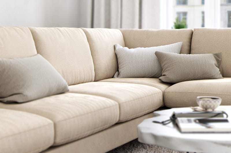Ocean Lyx 6-seters Høyrevendt U-formet Sofa med Divan og Sjeselong + Fotskammel i Fløyel - Beige - Møbler - Sofaer - U-sofa