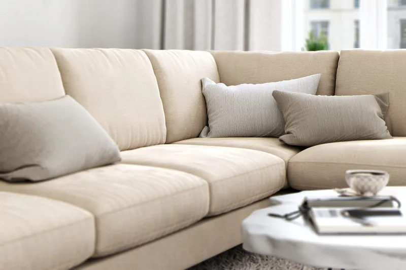 Ocean Lyx 6-seters Høyrevendt U-formet Sofa med Divan og Sjeselong + Fotskammel i Fløyel - Beige - Møbler - Sofaer - U-sofa