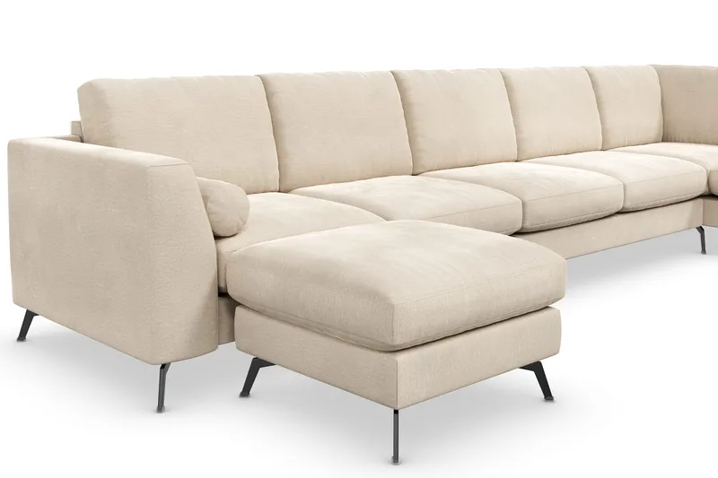 Ocean Lyx 6-seters Høyrevendt U-formet Sofa med Divan og Sjeselong + Fotskammel i Fløyel - Beige - Møbler - Sofaer - U-sofa