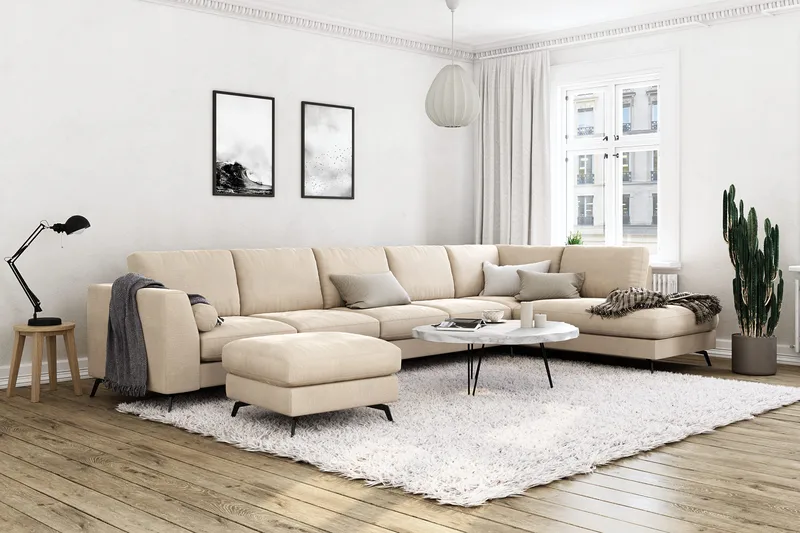 Ocean Lyx 6-seters Høyrevendt U-formet Sofa med Divan og Sjeselong + Fotskammel i Fløyel - Beige - Møbler - Sofaer - U-sofa