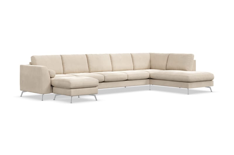 Ocean Lyx 6-seters Høyrevendt U-formet Sofa med Divan og Sjeselong + Fotskammel i Fløyel - Beige - Møbler - Sofaer - U-sofa