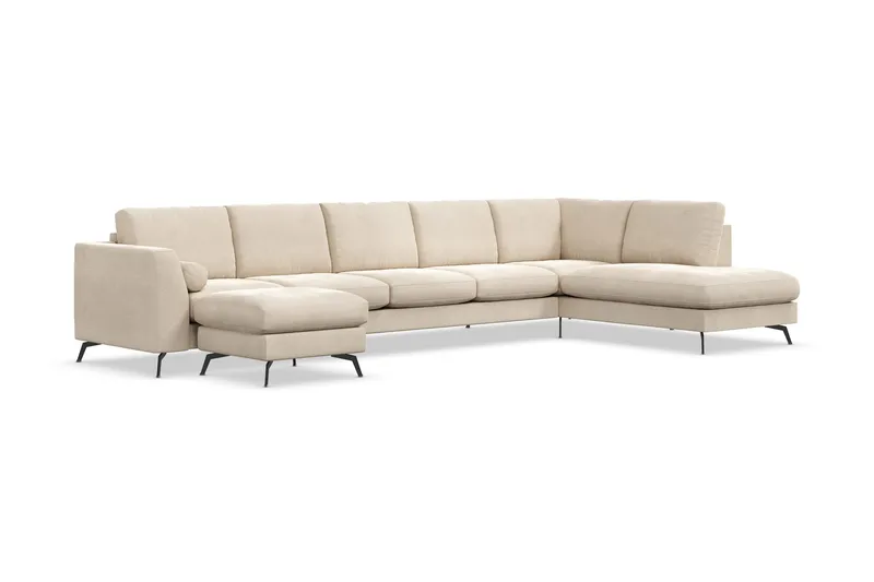 Ocean Lyx 6-seters Høyrevendt U-formet Sofa med Divan og Sjeselong + Fotskammel i Fløyel - Beige - Møbler - Sofaer - U-sofa