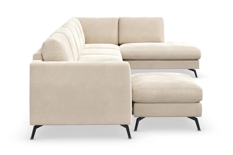 Ocean Lyx 6-seters Høyrevendt U-formet Sofa med Divan og Sjeselong + Fotskammel i Fløyel - Beige - Møbler - Sofaer - U-sofa