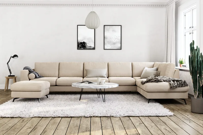 Ocean Lyx 6-seters Høyrevendt U-formet Sofa med Divan og Sjeselong + Fotskammel i Fløyel - Beige - Møbler - Sofaer - U-sofa